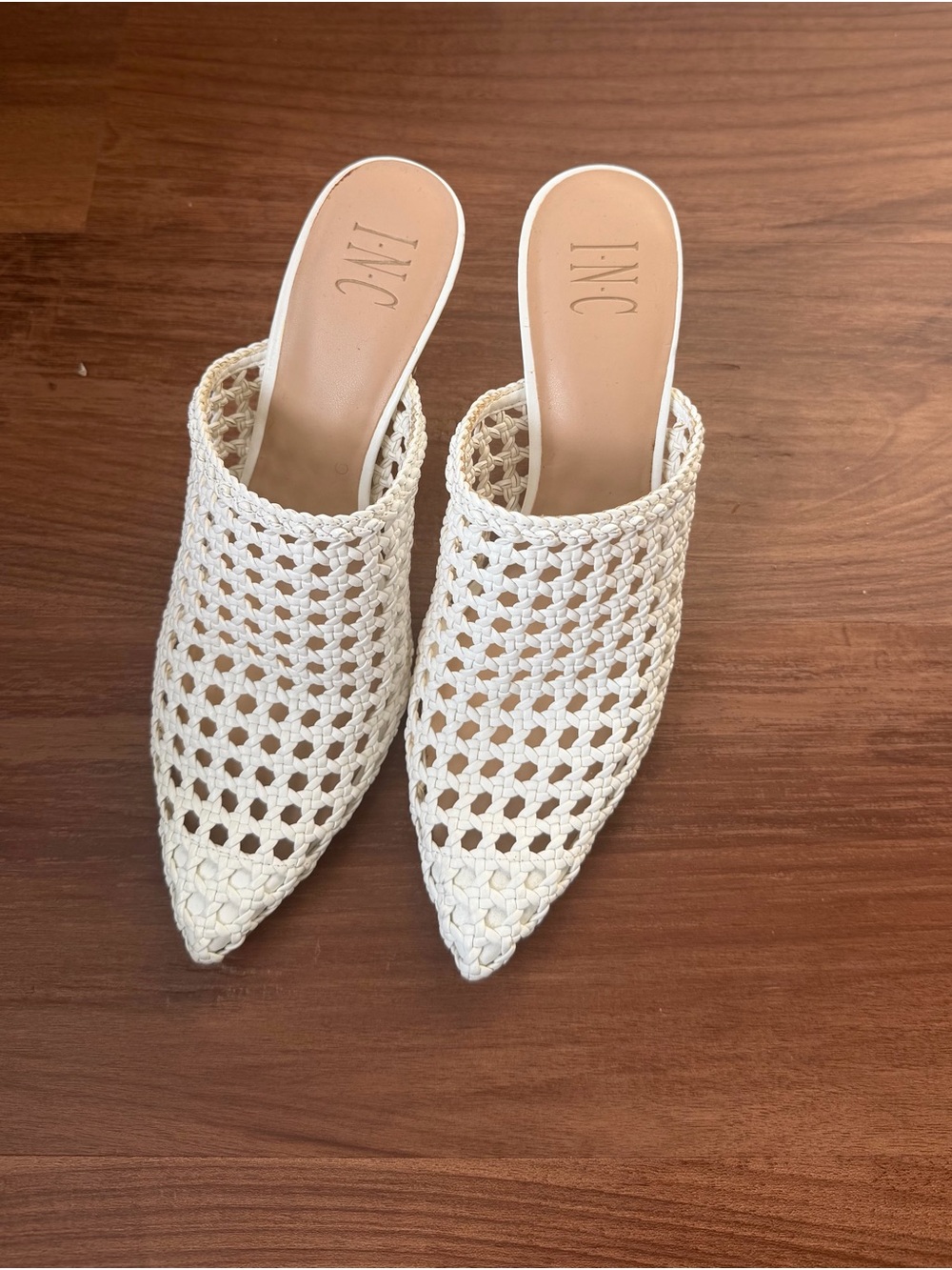 INC International Concepts Cream Woven Pointed-Toe Slip-On Mules